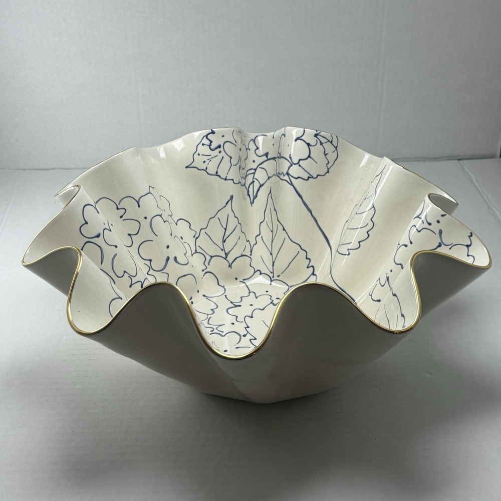 Susan Gordon Pottery Epiphany Ceramic Wavy Bowl 22K Gold Trim Blue/White Floral